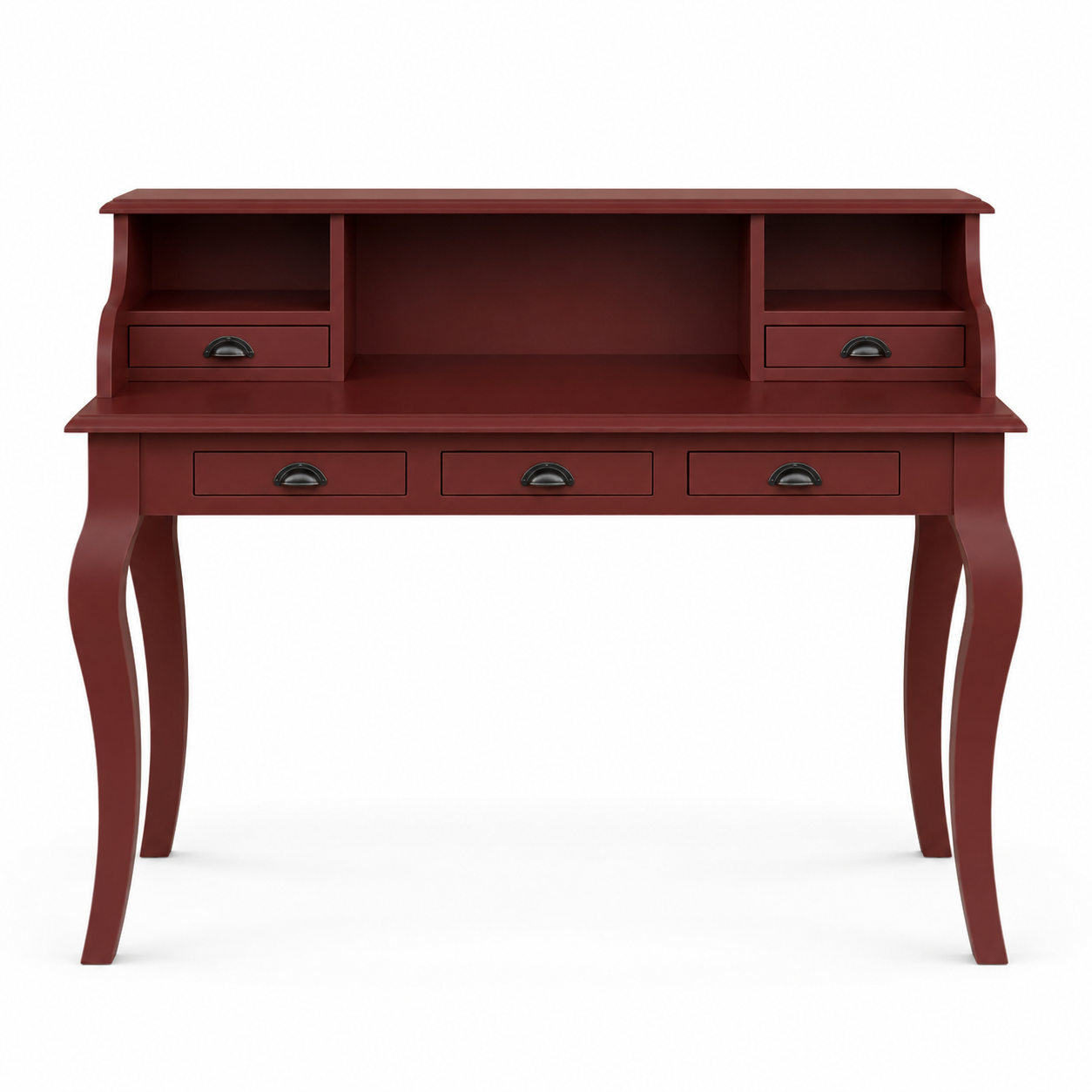 Classic bordeaux solid pine Vendome desk with five drawers, 130 cm wide, front view