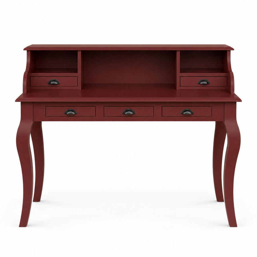Classic bordeaux solid pine Vendome desk with five drawers, 130 cm wide, front view