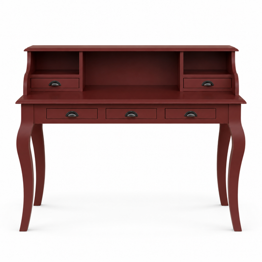 Classic bordeaux solid pine Vendome desk with five drawers, 130 cm wide, front view