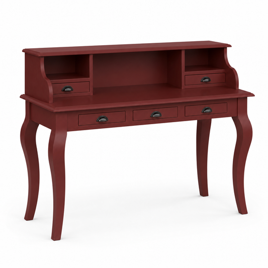 Classic bordeaux Vendome desk, three-quarter view showing curved legs and drawer proportions