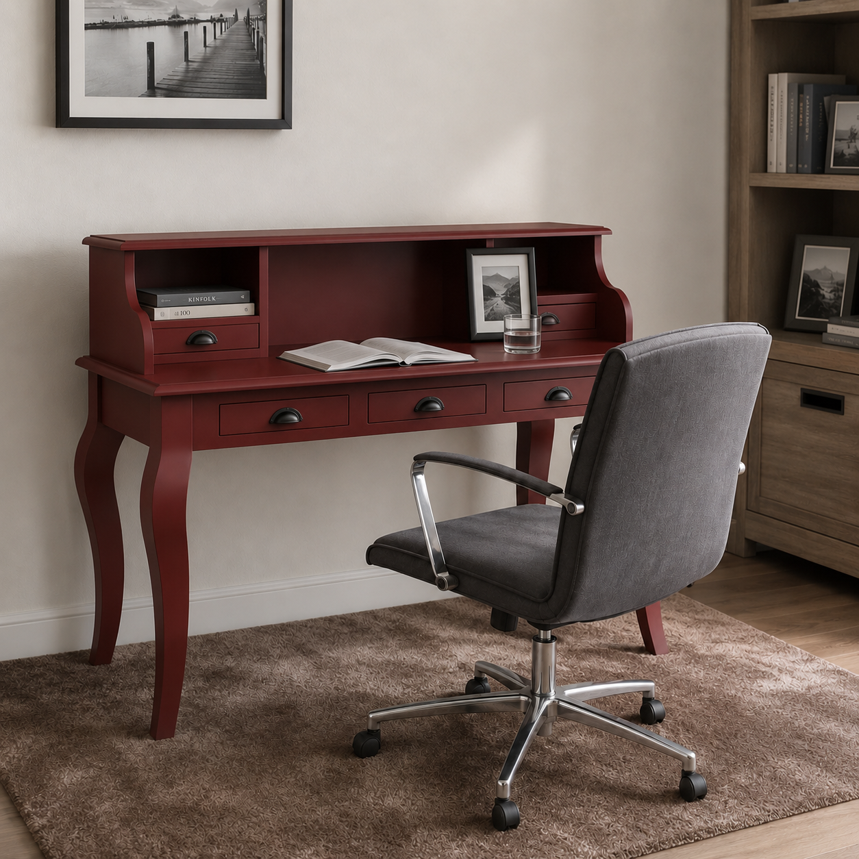 Classic bordeaux Vendome desk styled in a home office, 130 cm wide