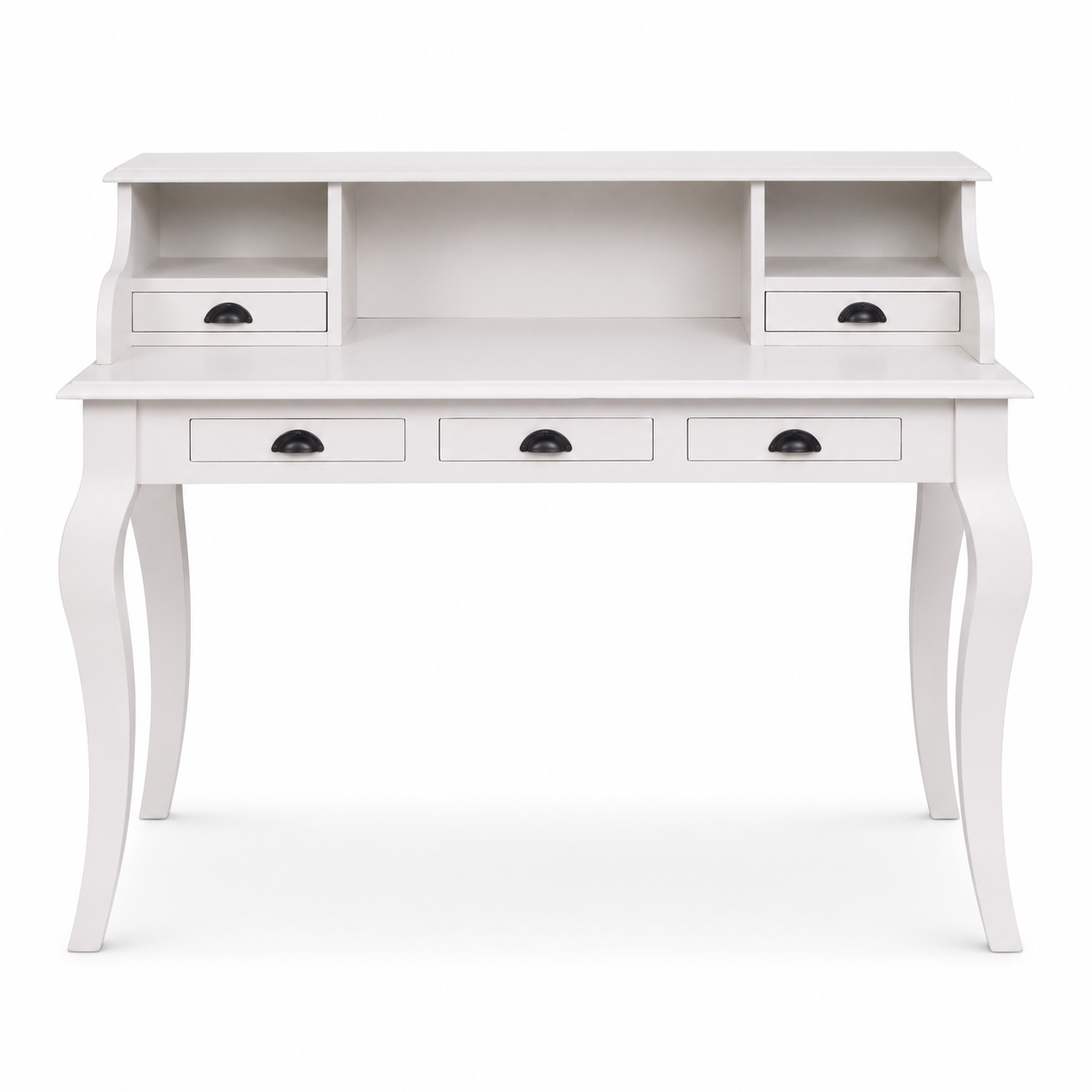 Classic white solid pine Vendome desk with five drawers and curved legs, 130 cm wide, front view