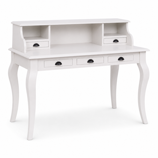 Classic white Vendome desk, three-quarter view showing curved cabriole legs and drawer proportions
