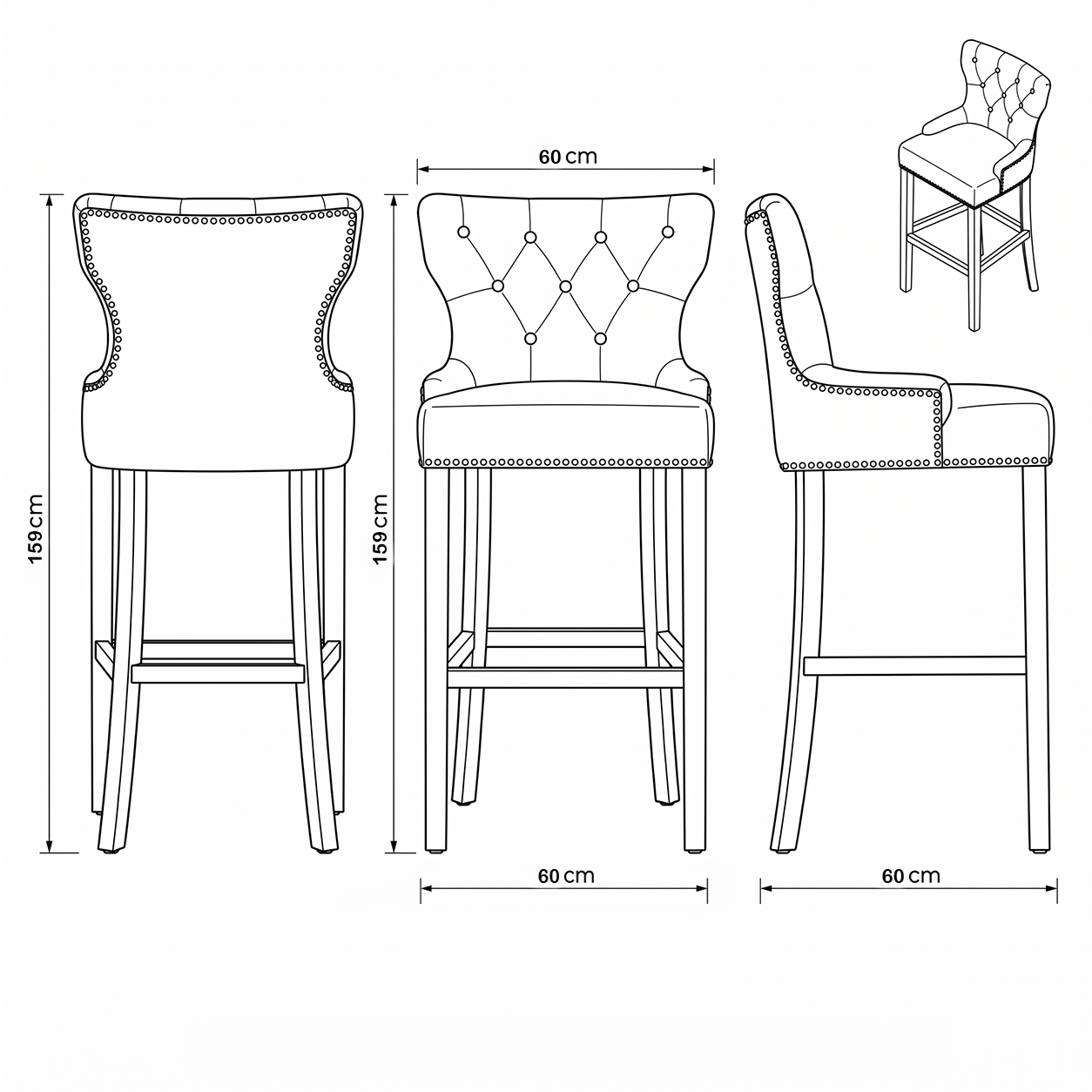 Bar Stool Dinos - Brown Fabric & Natural Oak Legs - 60 x 60 x 159 cm