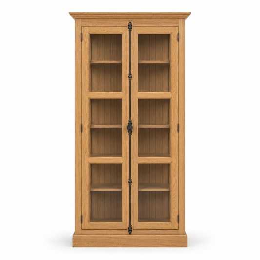 Country solid oak Beaune display cabinet with glazed cremone-bolt doors, 110 cm wide, front view