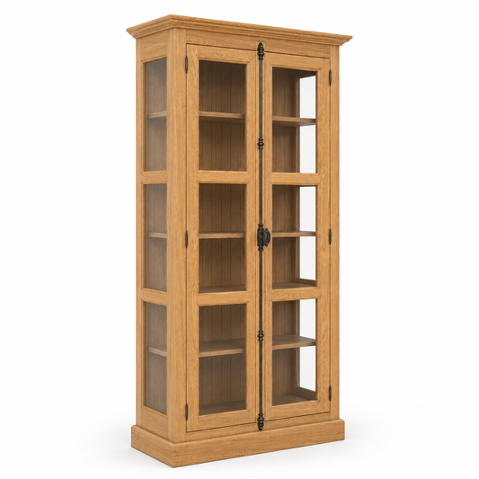Country solid oak Beaune display cabinet, three-quarter view showing glazed doors and tall proportions