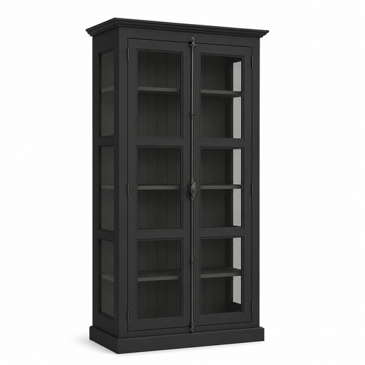 Angled view of classic black solid pine Beaune display cabinet with window-pane glass doors, 210 cm tall