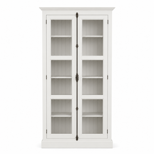 Country-style white pine Beaune display cabinet with glazed panel doors, cremone-bolt handles, front view