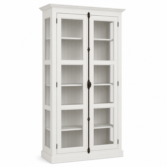 White pine Beaune display cabinet with beadboard interior and glazed doors, three-quarter view, 210 cm tall