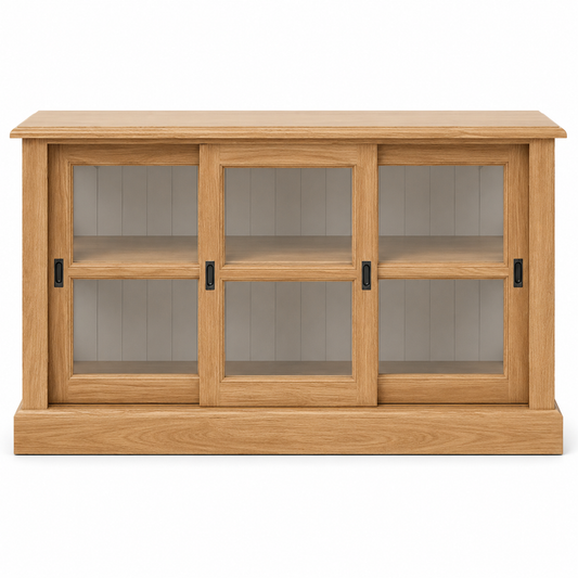 Country solid oak Blois display cabinet with sliding glass doors, 147 cm wide, front view