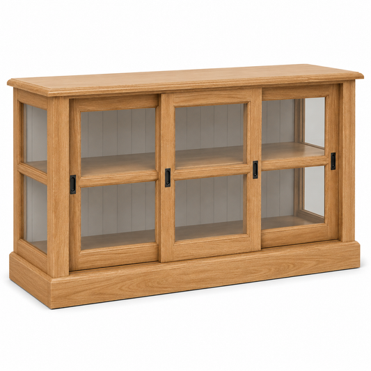 Country solid oak Blois display cabinet, three-quarter view showing sliding glass doors and proportions