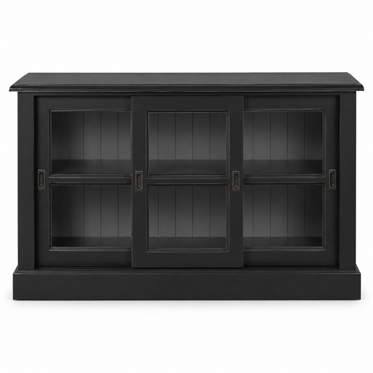 Country-style black solid pine Blois display cabinet with three sliding glass doors, 147 cm wide, front