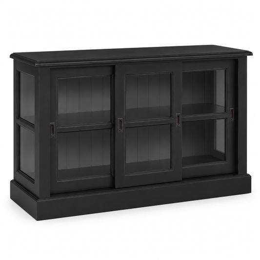 Black solid pine Blois display cabinet with recessed metal pulls, angled three-quarter view, 147 cm wide