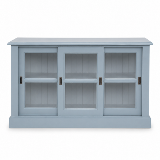 Country-style light blue solid pine Blois display cabinet with three sliding glass doors, 147 cm wide, front view