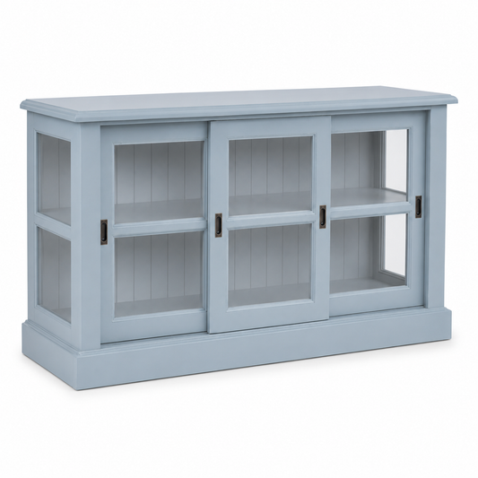 Light blue pine Blois glass-door display cabinet with beadboard back panel, three-quarter angle, 147 x 47 x 86 cm