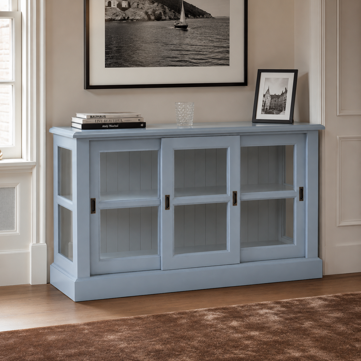 Display cabinet - Blois - Solid Pine - 147 x 47 x 86 cm - Light blue