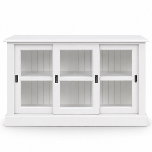 Country-style white solid pine Blois display cabinet with three sliding glass doors, 147 cm wide, front view