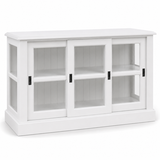 White lacquered pine Blois display cabinet with glazed sliding doors and glass side panels, 147 cm, angled view