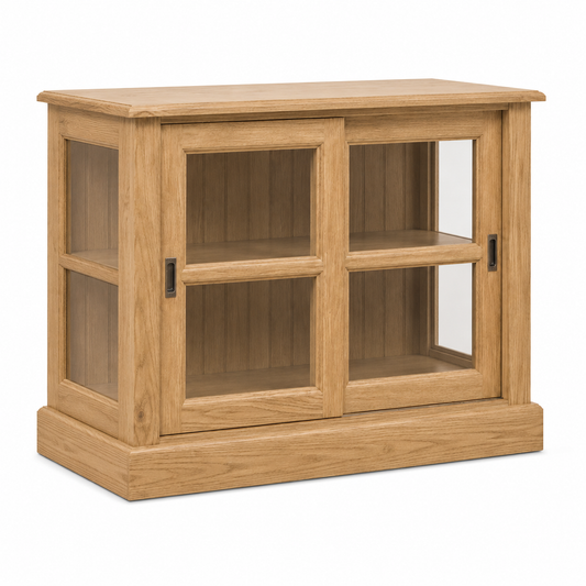 Natural oak Honfleur display cabinet with two panelled glass sliding doors, three-quarter angle, 106 cm wide