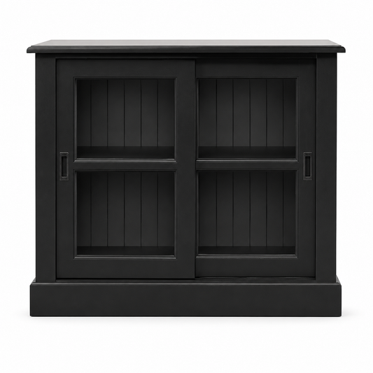 Country-style black solid pine Honfleur display cabinet with two sliding glass doors, 106 cm wide, front view