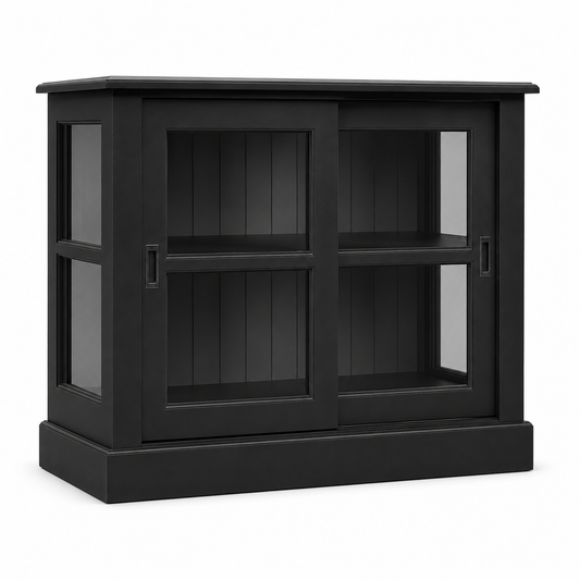 Angled view of black pine Honfleur display cabinet with sliding glass doors and side glass panels, 86 cm high