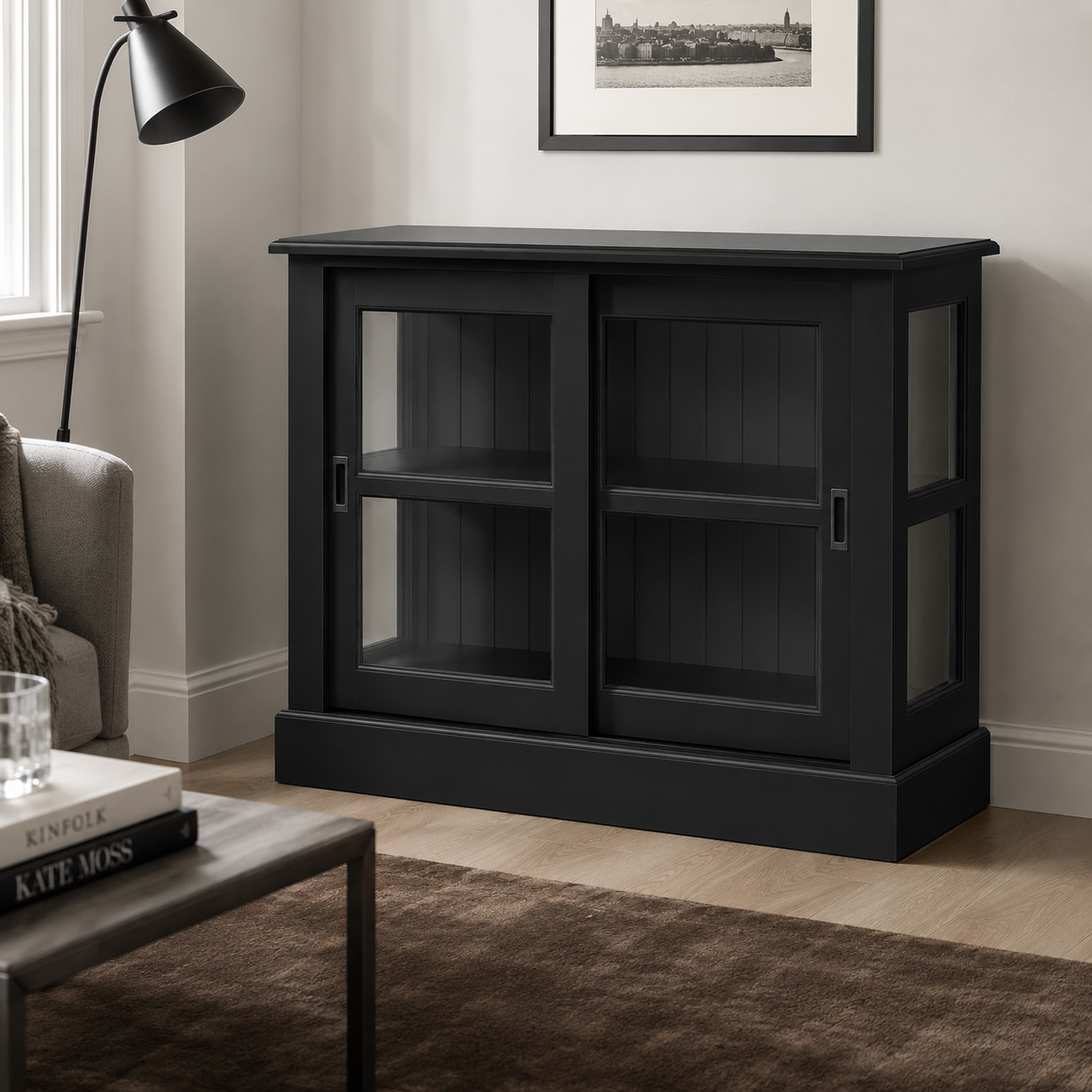 Display cabinet - Honfleur - Solid Pine - 106 x 47 x 86 cm - Black