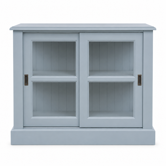 Coastal light blue solid pine Honfleur display cabinet with sliding glass doors, 106 cm wide, front view