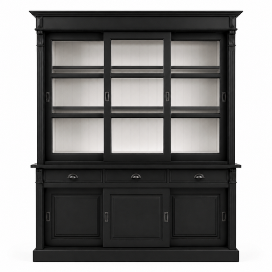 Country-style black solid pine Versailles display cabinet with sliding glass doors, 180 cm wide, front view