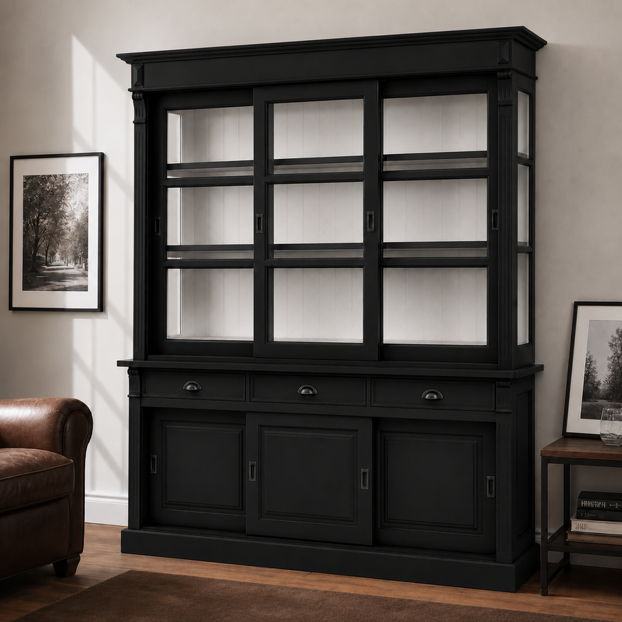 Display cabinet - Versailles - Solid Pine - 180 x 51 x 220 cm - Black