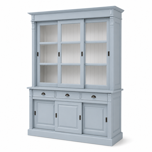 Light blue lacquered pine Versailles display cabinet with glazed sliding doors and drawers, angled three-quarter view