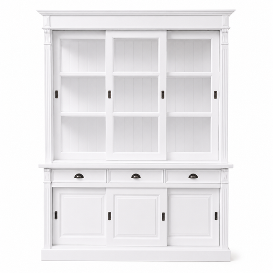 Classic white solid pine Versailles display cabinet with sliding glass doors, 180 cm wide, front view