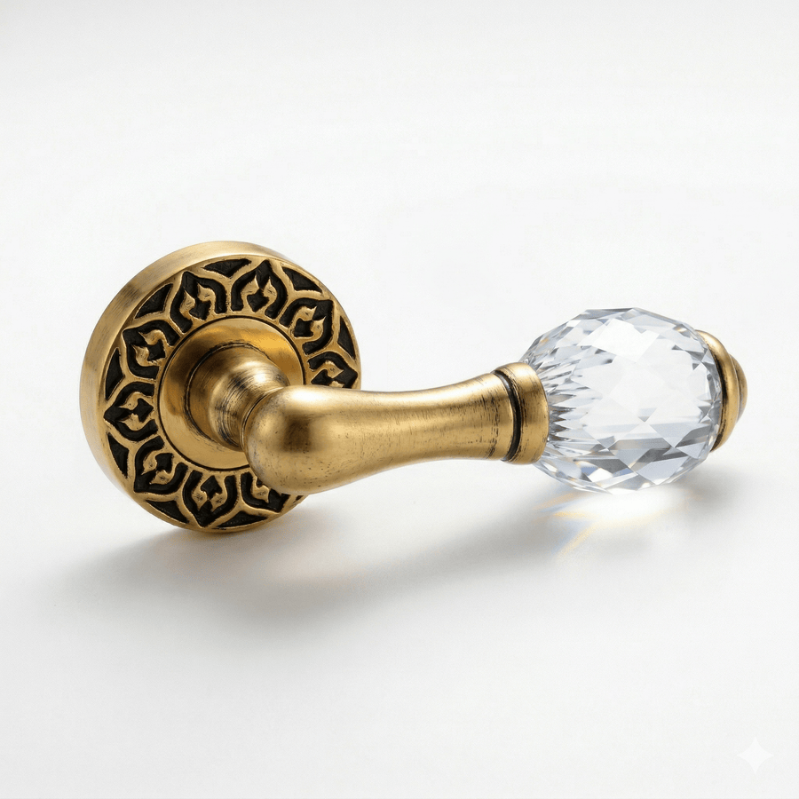 Door lever handles set on roses with Swarovski crystal - 0R4440 - Marcottestyle Shop Deurbeslag Gold 24K with Black Patina