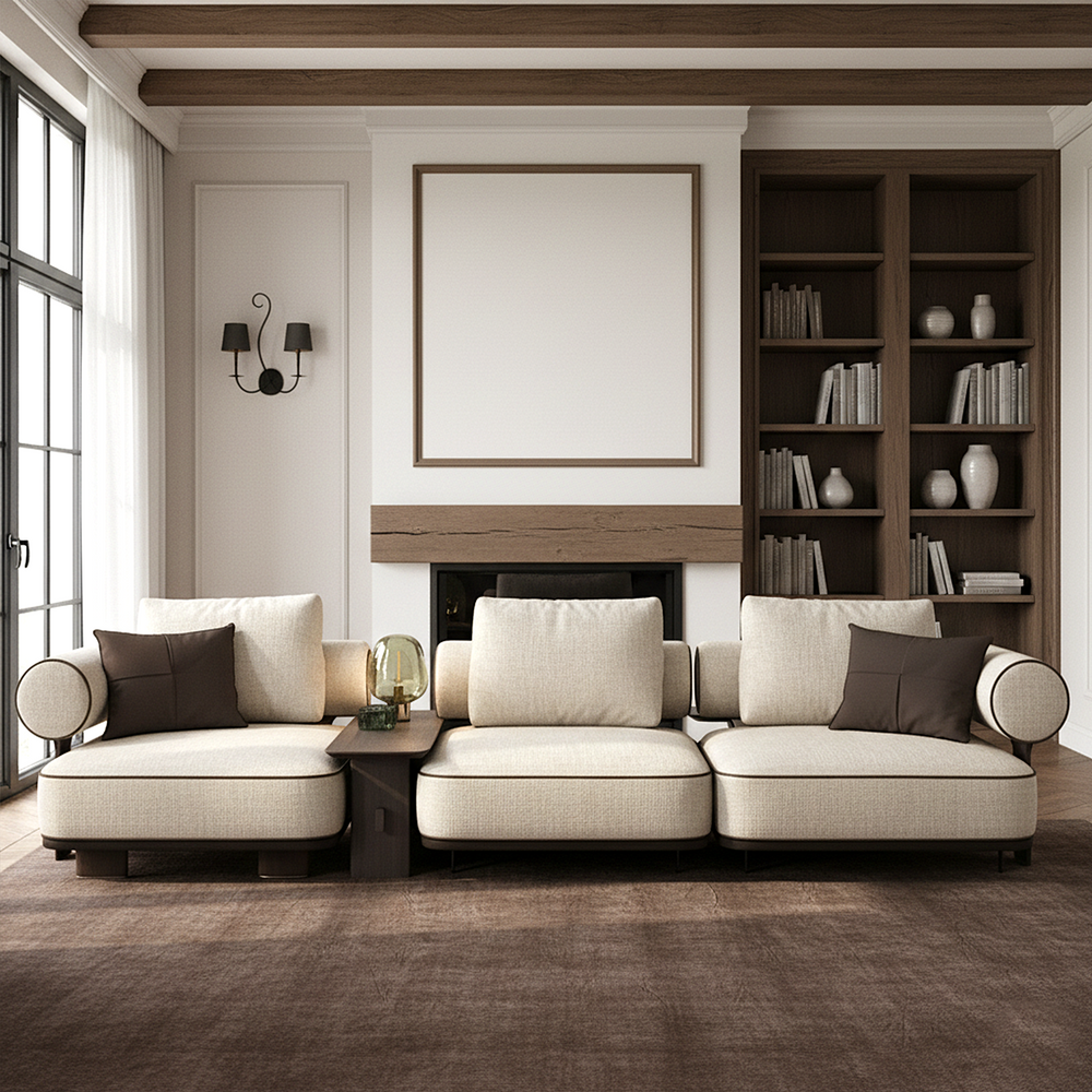 Modular Sofa Kyoto - Beige Cream & Brown Piping - Formation 2 - View 2
