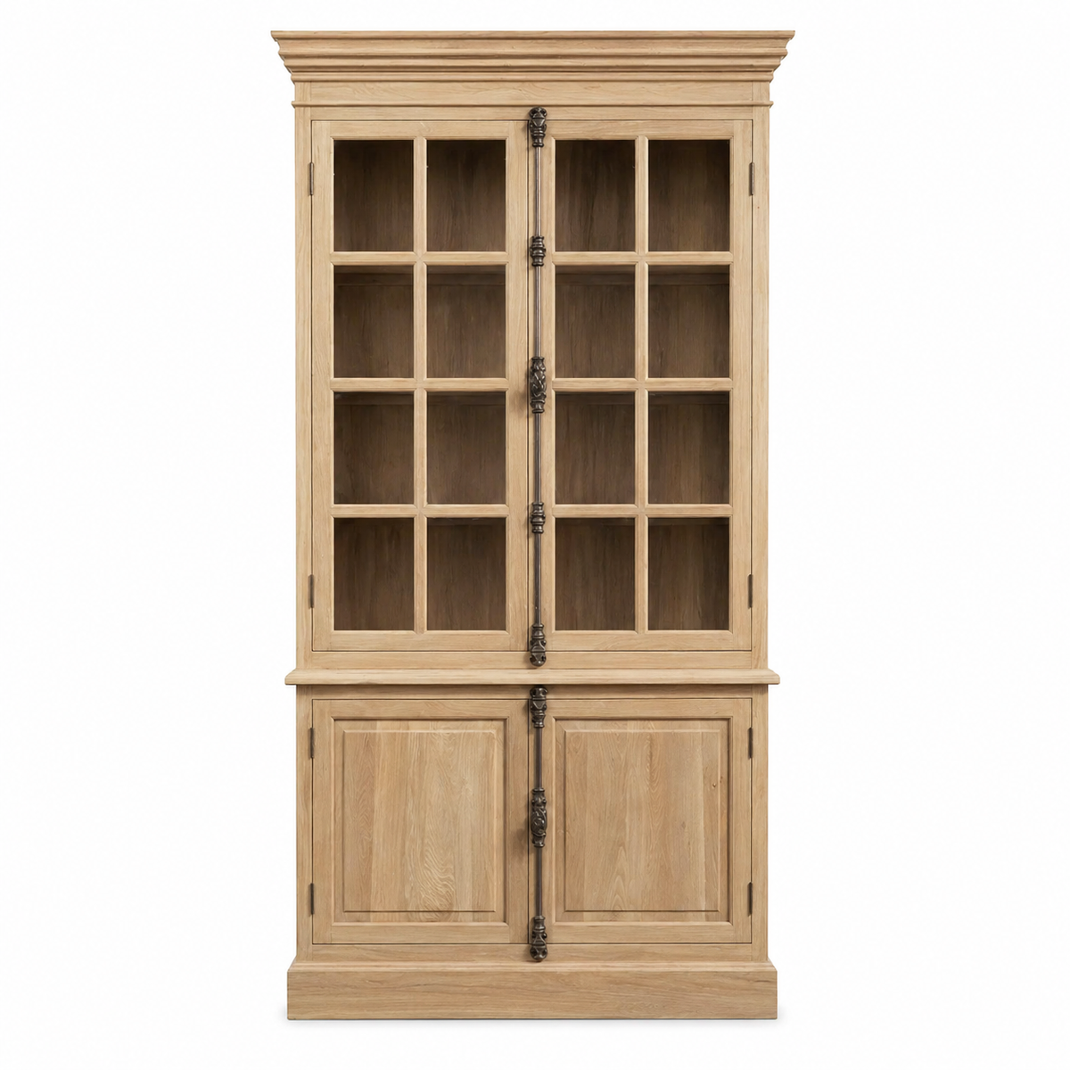 Country-style natural oak Villars display cabinet with black glazed doors and forged iron handles, front view