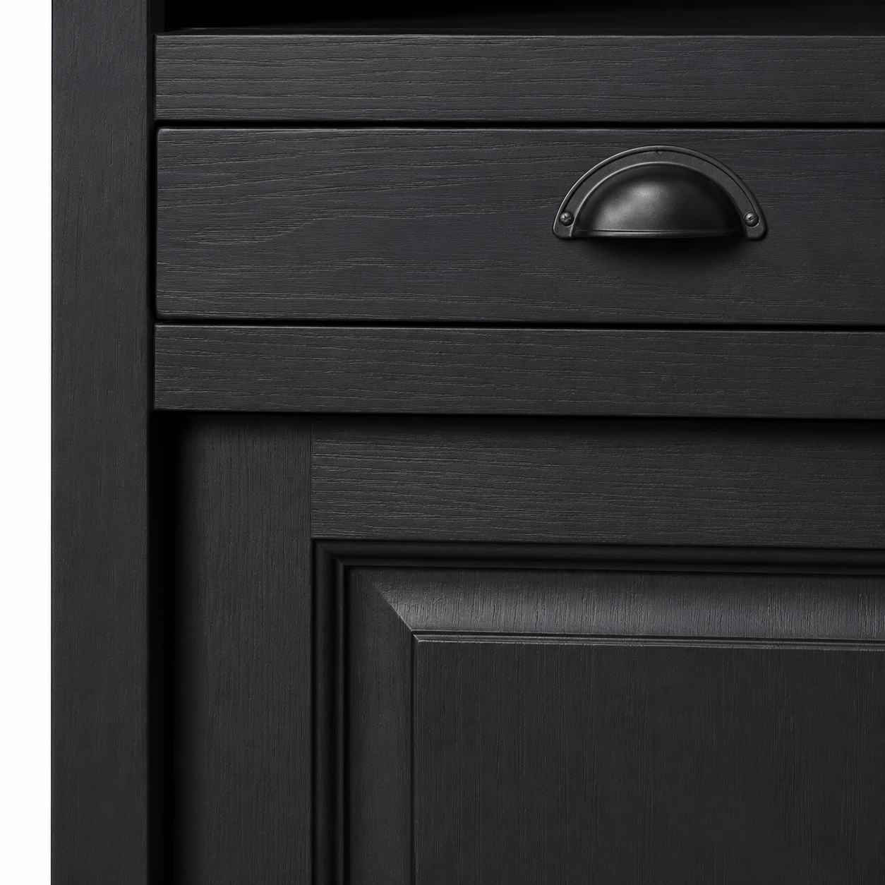 Close-up of the black finish and detailing of the Epernay bar cabinet