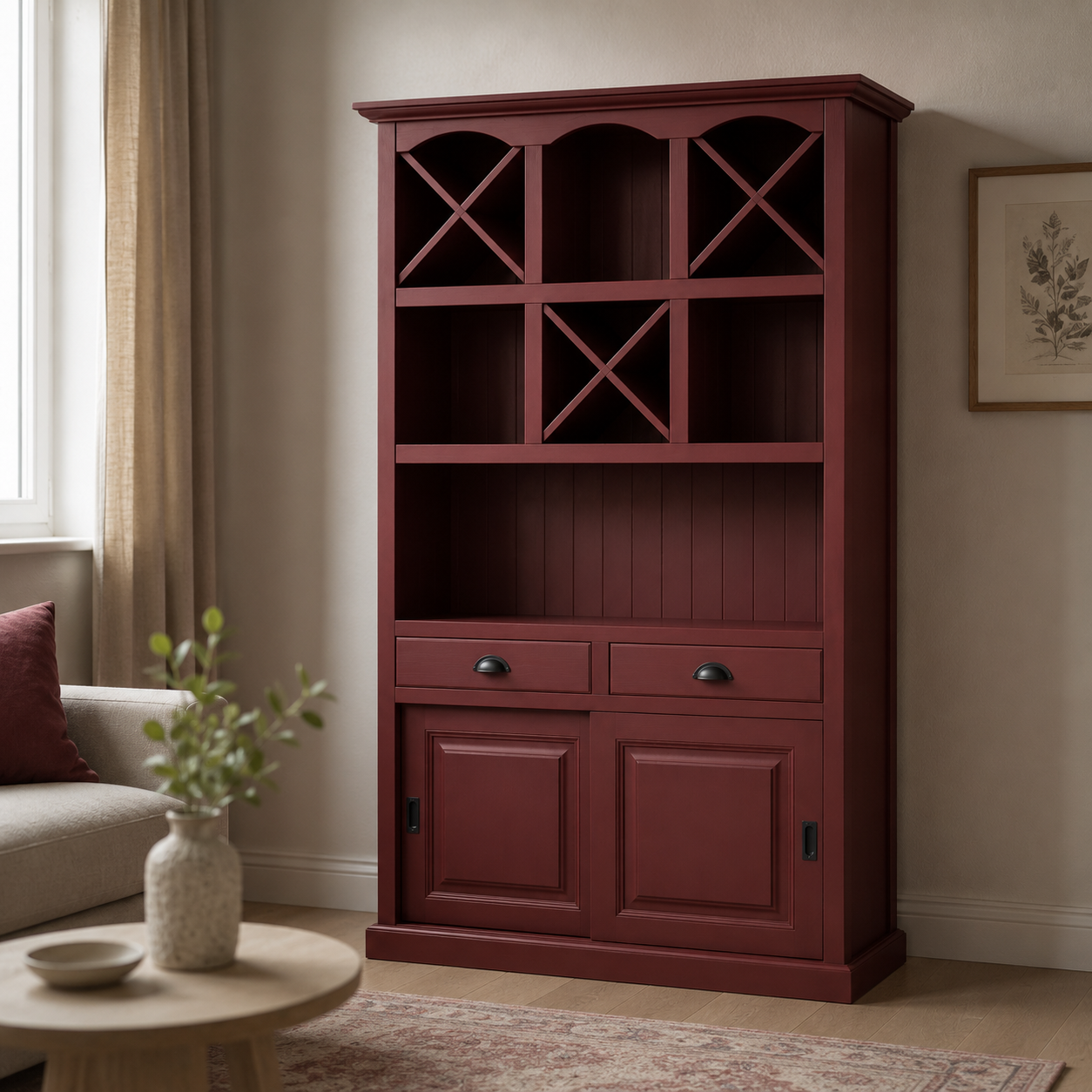 Epernay bar cabinet in bordeaux styled in a living room