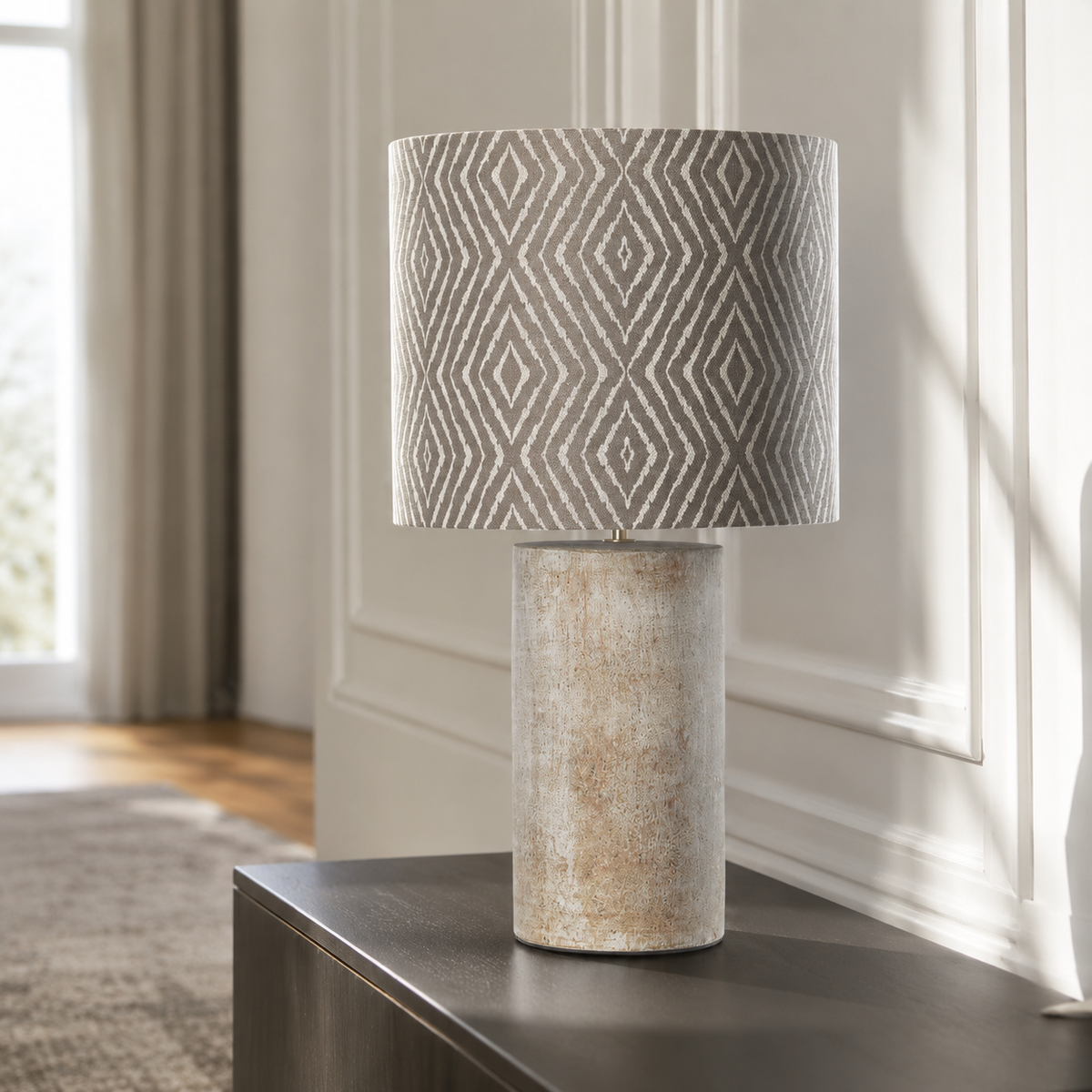 Table Lamp Esa 3184Z cream styled in a modern luxury living room with natural window light and photorealistic interior setting by Marcottestyle