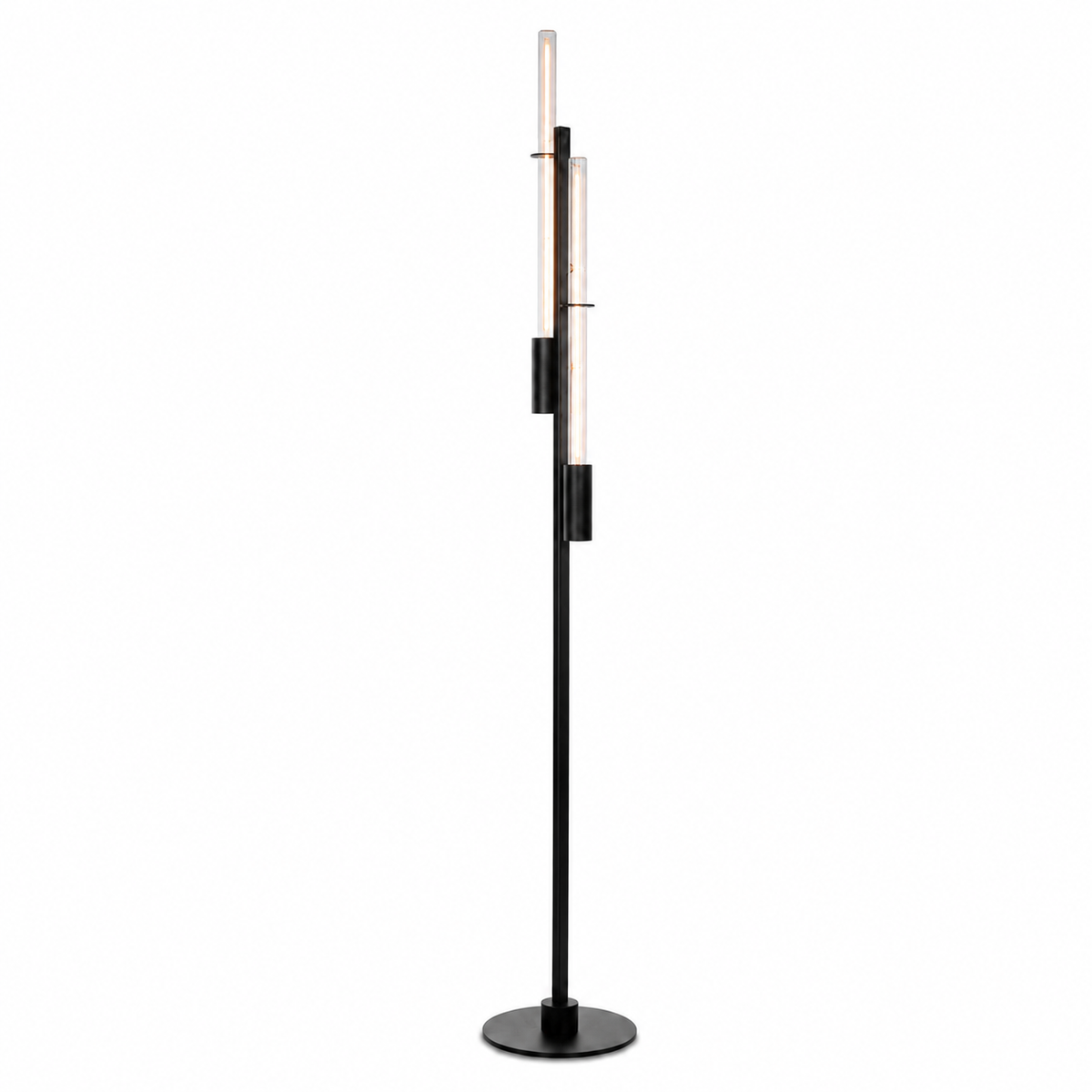 Floor Lamp Fern 5795E with lights turned on showing warm glow through fabric shade on pure white background professional product photography by Marcottestyle