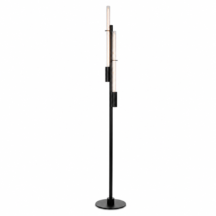 Floor Lamp Fern 5795E with lights turned on showing warm glow through fabric shade on pure white background professional product photography by Marcottestyle