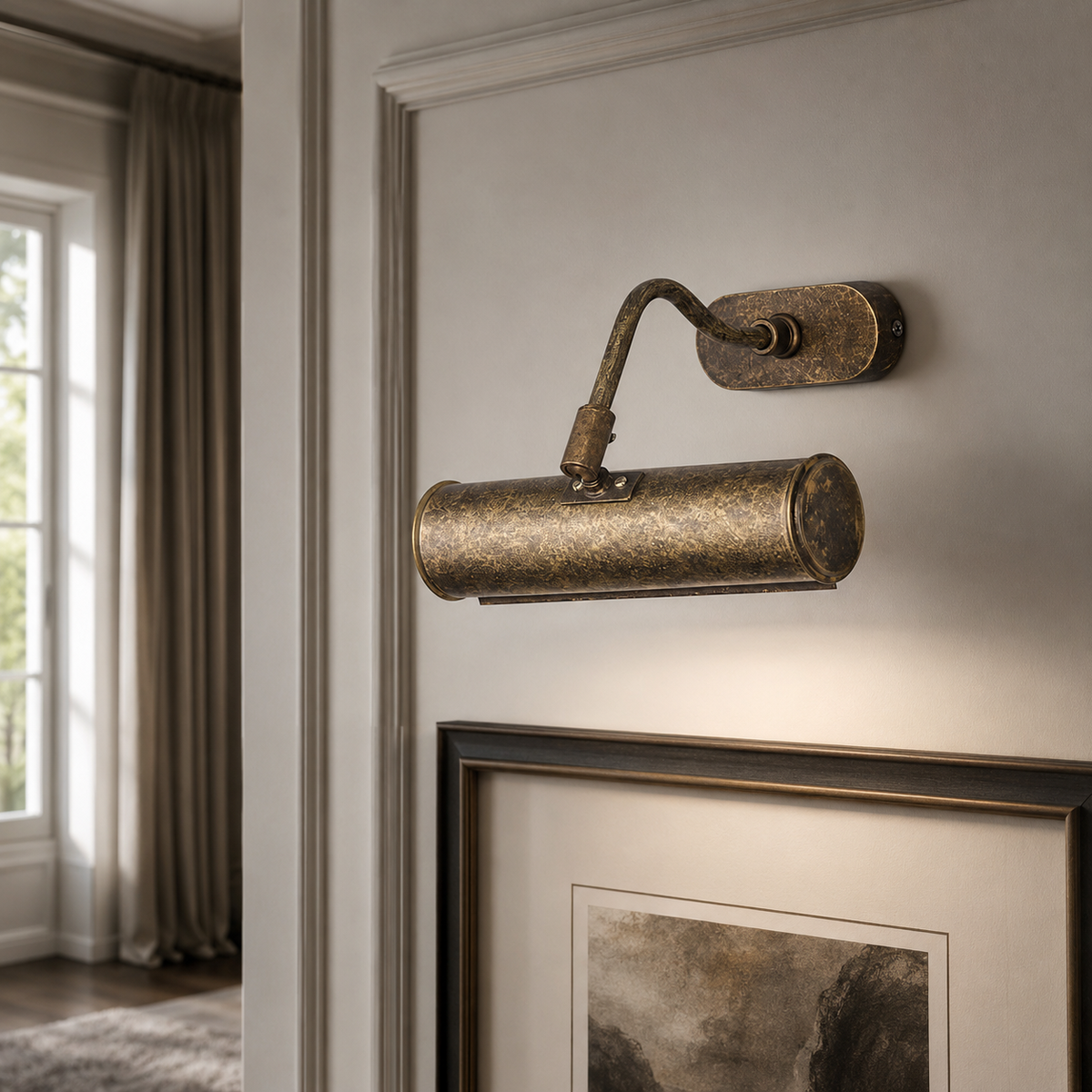 Wall Lamp Finn 5892G antique brass styled in a modern luxury interior with natural window light and velvet accents, photorealistic room setting by Marcottestyle