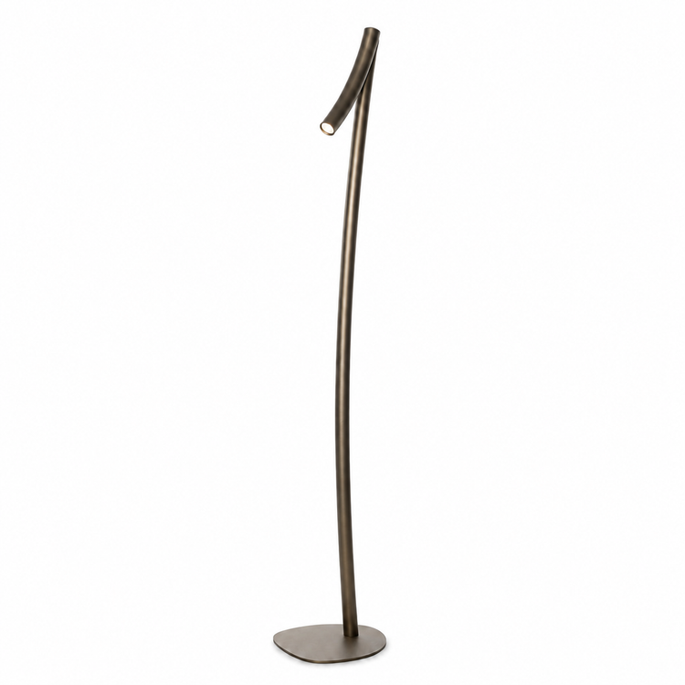 Floor Lamp Fiona 7763H Bronze with lights on, warm glow through fabric shade on white background, professional product photography by Marcottestyle