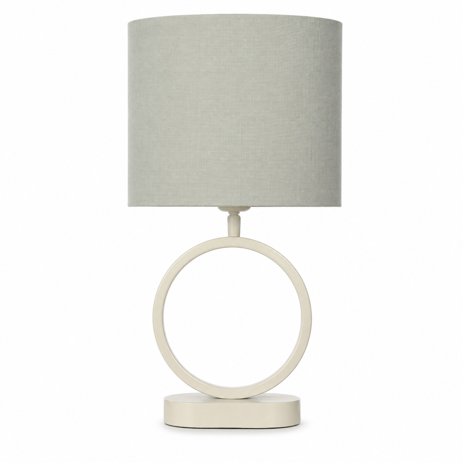 Tischlampe Galia 7340S in beige finish, front view on white background showing the elegant metal base and textured fabric shade in a 1:1 square format mit soft studio lighting by Marcottestyle