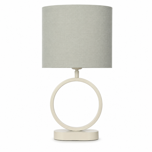Table Lamp Galia 7340S in beige finish, front view on white background showing the elegant metal base and textured fabric shade in a 1:1 square format with soft studio lighting by Marcottestyle