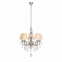 Hanglamp Gus 1088O by Marcottestyle, Antiek Zilver six-arm chandelier with fabric shades and crystal accents, 6xE14 bulbs, studio front view on pure Wit background with soft shadow for depth, classic elegant lighting fixture
