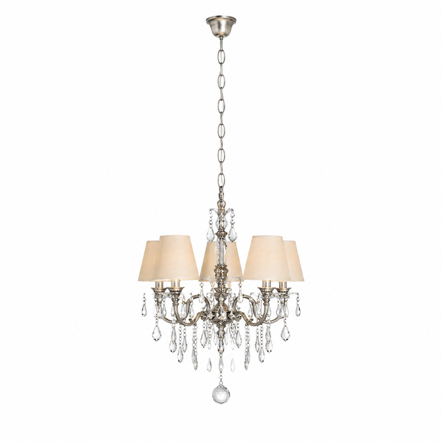 Hanglamp Gus 1088O by Marcottestyle, Antiek Zilver six-arm chandelier with fabric shades and crystal accents, 6xE14 bulbs, studio front view on pure Wit background with soft shadow for depth, classic elegant lighting fixture