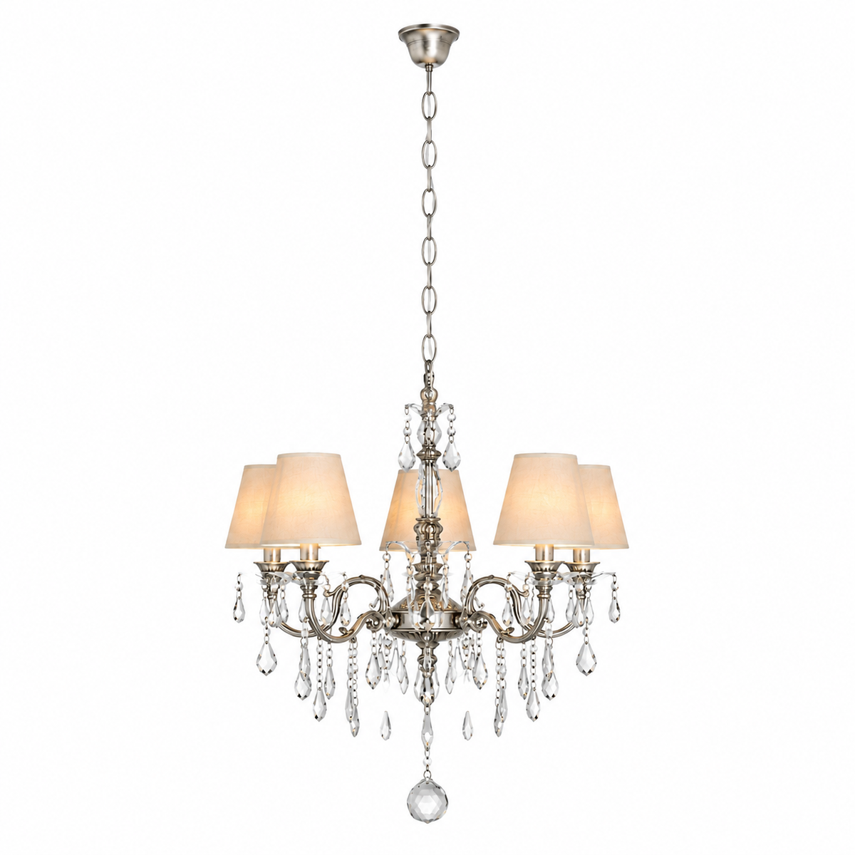 Pendant Light Gus 1088O by Marcottestyle, antique silver chandelier with six E14 bulbs softly illuminated through fabric lampshades, warm glow visible through shade material, front view on pure white background, professional product photography
