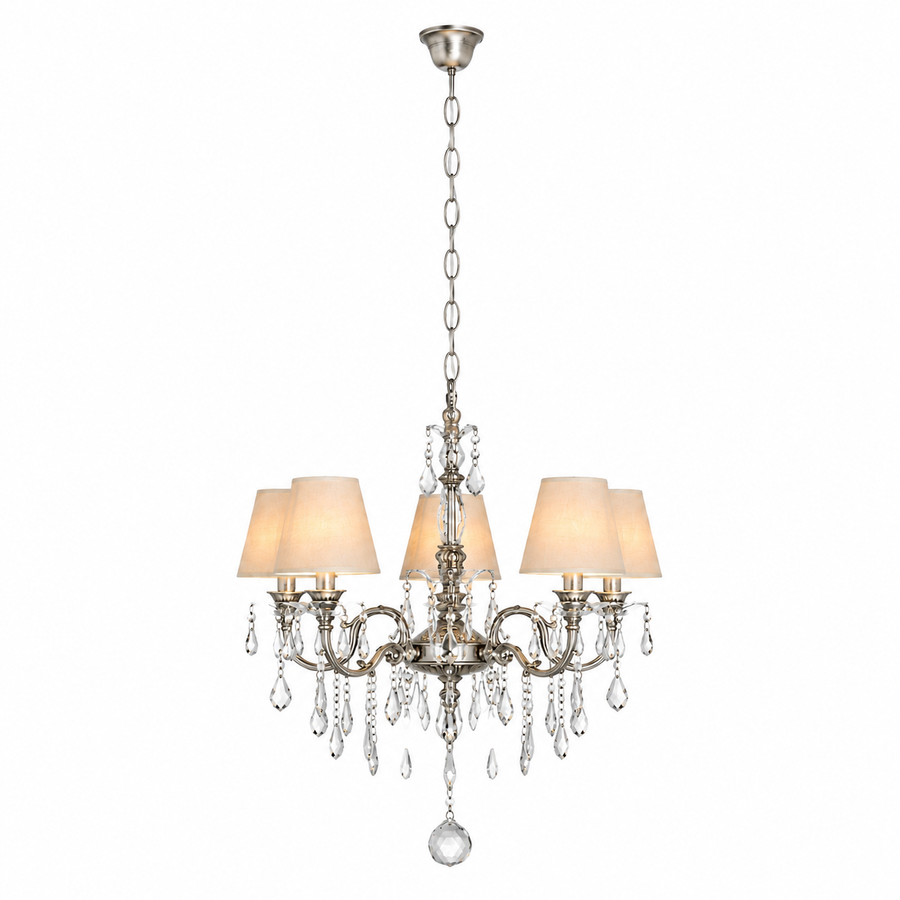 Hanglamp Gus 1088O by Marcottestyle, Antiek Zilver chandelier with six E14 bulbs softly illuminated through fabric lampshades, warm glow visible through shade material, front view on pure Wit background, professional product photography