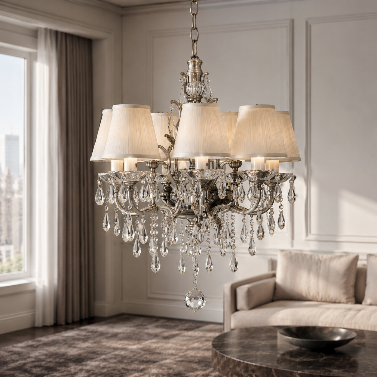 Hanglamp Gus 1088O - 6xE14 - Zilver (antique) from the Gus chandelier family. Six E14 Antiek Zilver crystal chandelier with baroque classic vintage style, Ø50cm × 57cm. Lifestyle shot in a modern room with velvet carpet and classic framing, suited for living rooms by Marcottestyle.