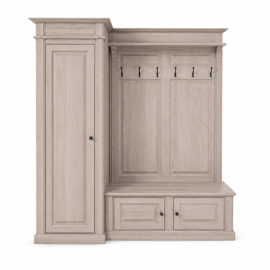 Farmhouse solid oak Sancerre hall unit with coat hooks and bench, 205 cm wide, front view
