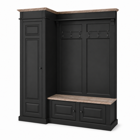 Country farmhouse black Sancerre hall unit, three-quarter view showing coat hooks and bench storage